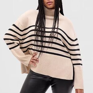 GAP Mariniere Stripe Cream Black Split Hem Turtleneck Sweater L Cotton Coastal